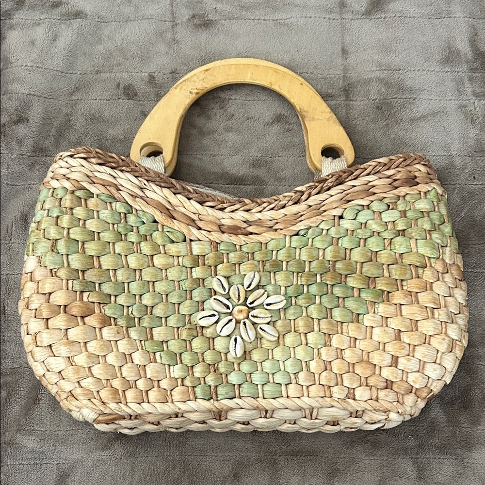 Woven Straw Handbag with Wooden Handles